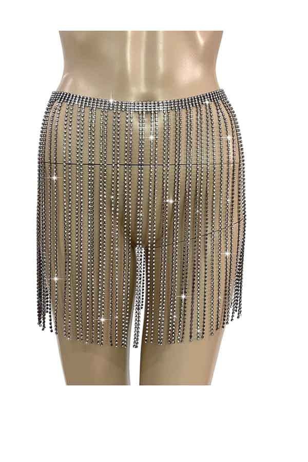 A glamorous full rhinestone fringe skirt belt featuring sparkling rhinestones and a lobster claw clasp with an extender.