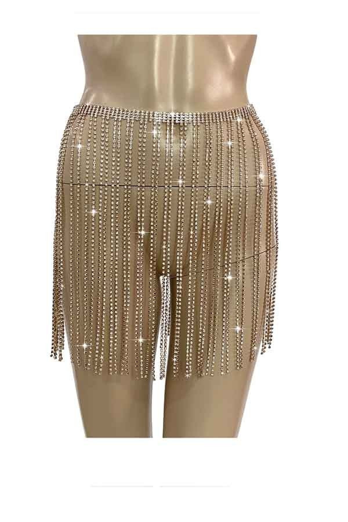 A glamorous full rhinestone fringe skirt belt featuring sparkling rhinestones and a lobster claw clasp with an extender.