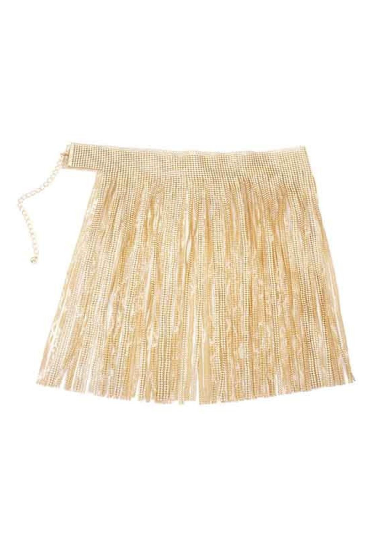 A glamorous full rhinestone fringe skirt belt with a lobster claw clasp and sparkling rhinestones, perfect for stylish outfits.