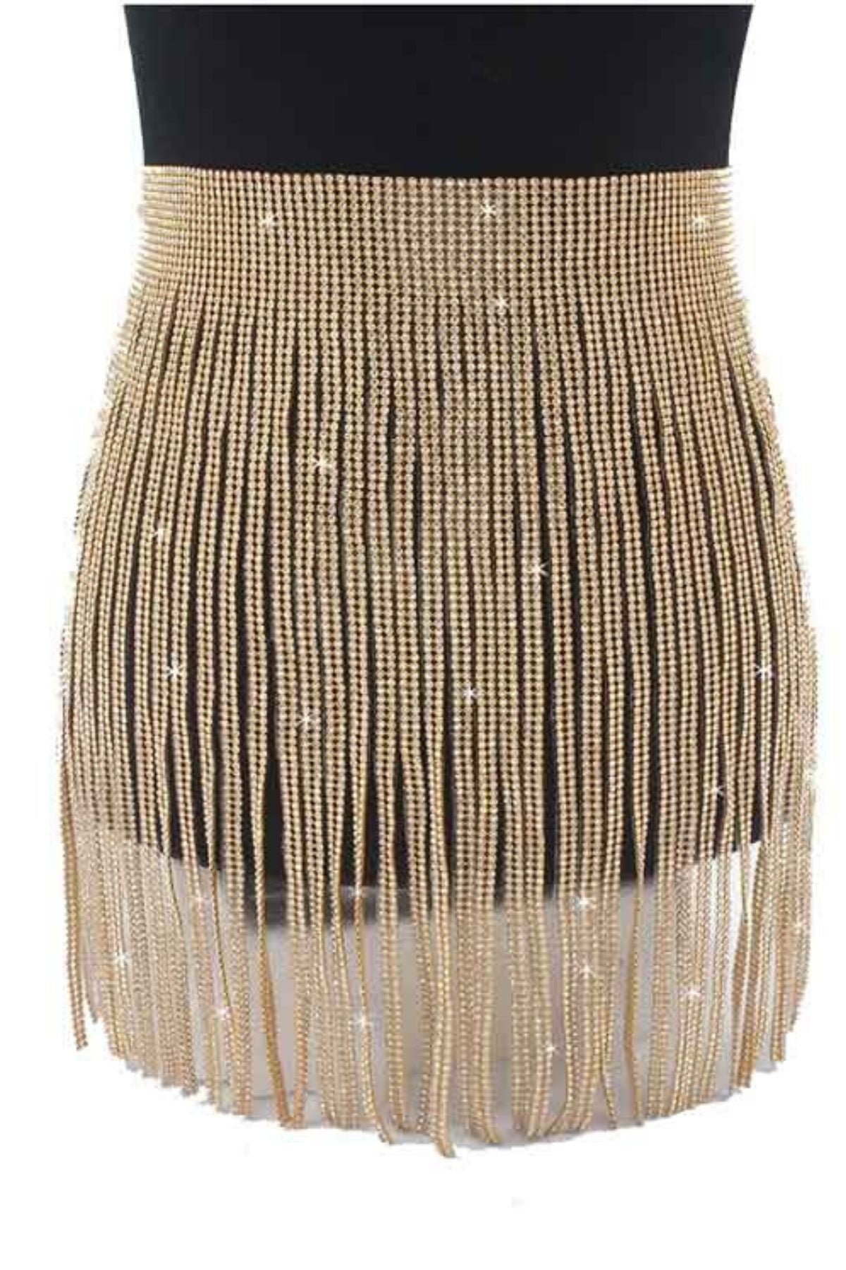 A glamorous full rhinestone fringe skirt belt with a lobster claw clasp and sparkling rhinestones, perfect for stylish outfits.