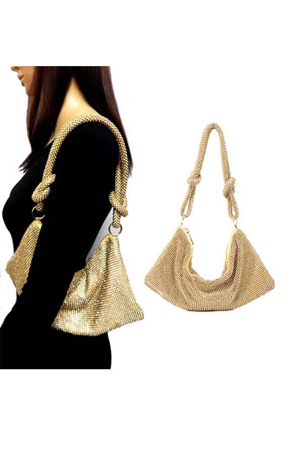 Full Rhinestone Purse Bling Hobo Bag with sparkling rhinestones and zipper closure, measuring 12 inches by 5.5 inches.