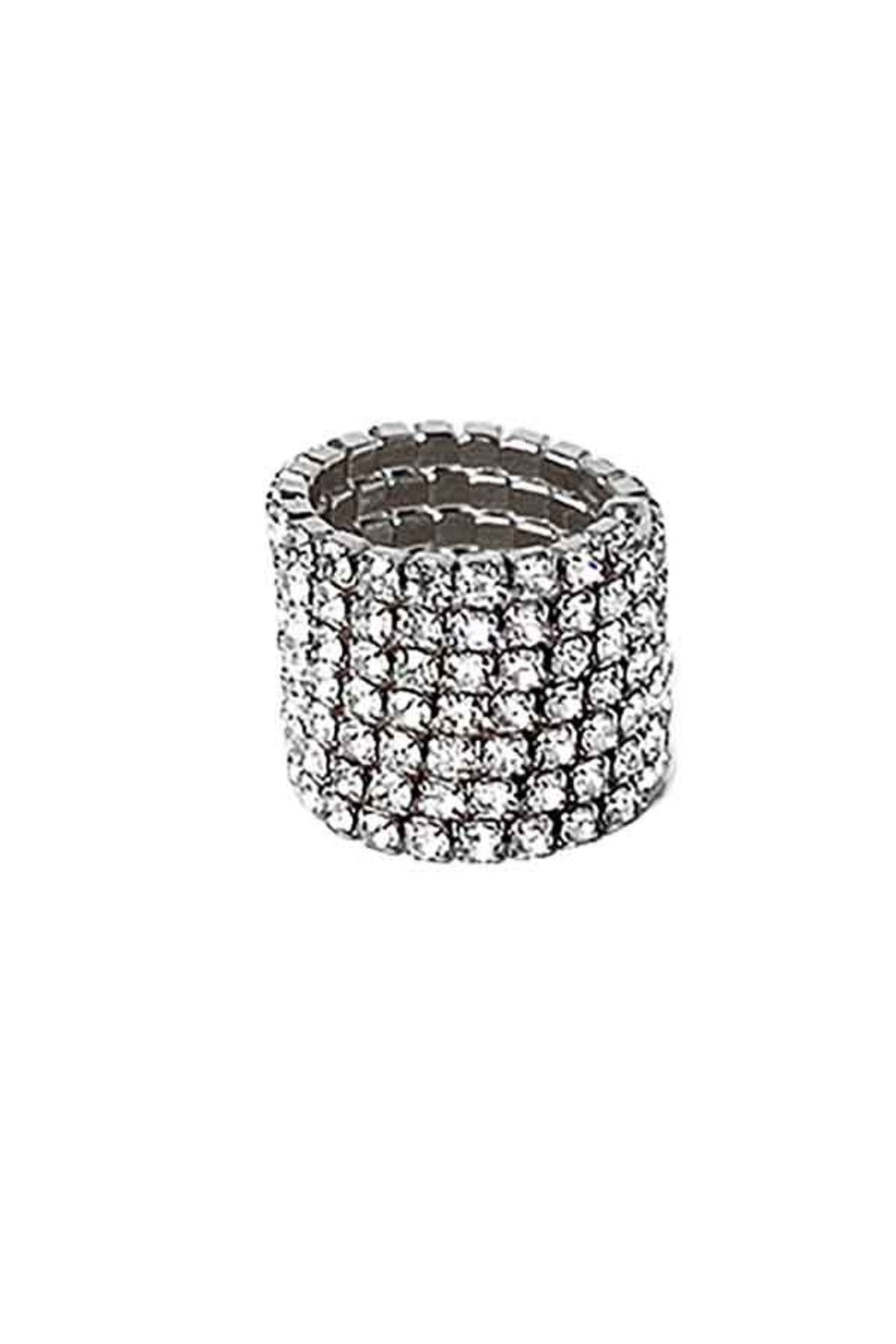 A sparkling full rhinestone spring ring with a stretchy band, showcasing a dazzling array of rhinestones.