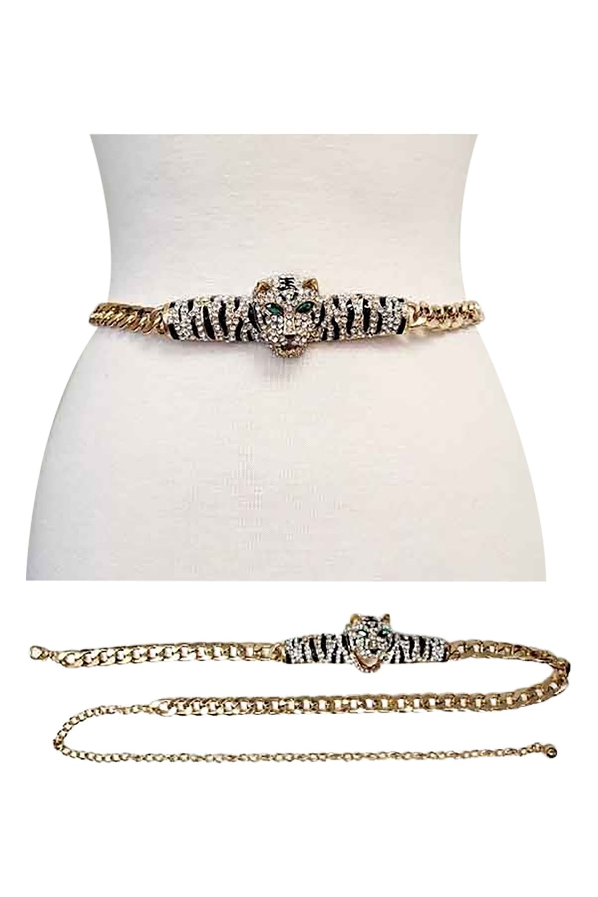 Full Stone Tiger Chain Belt featuring a detailed tiger buckle and adjustable lobster claw clasp.