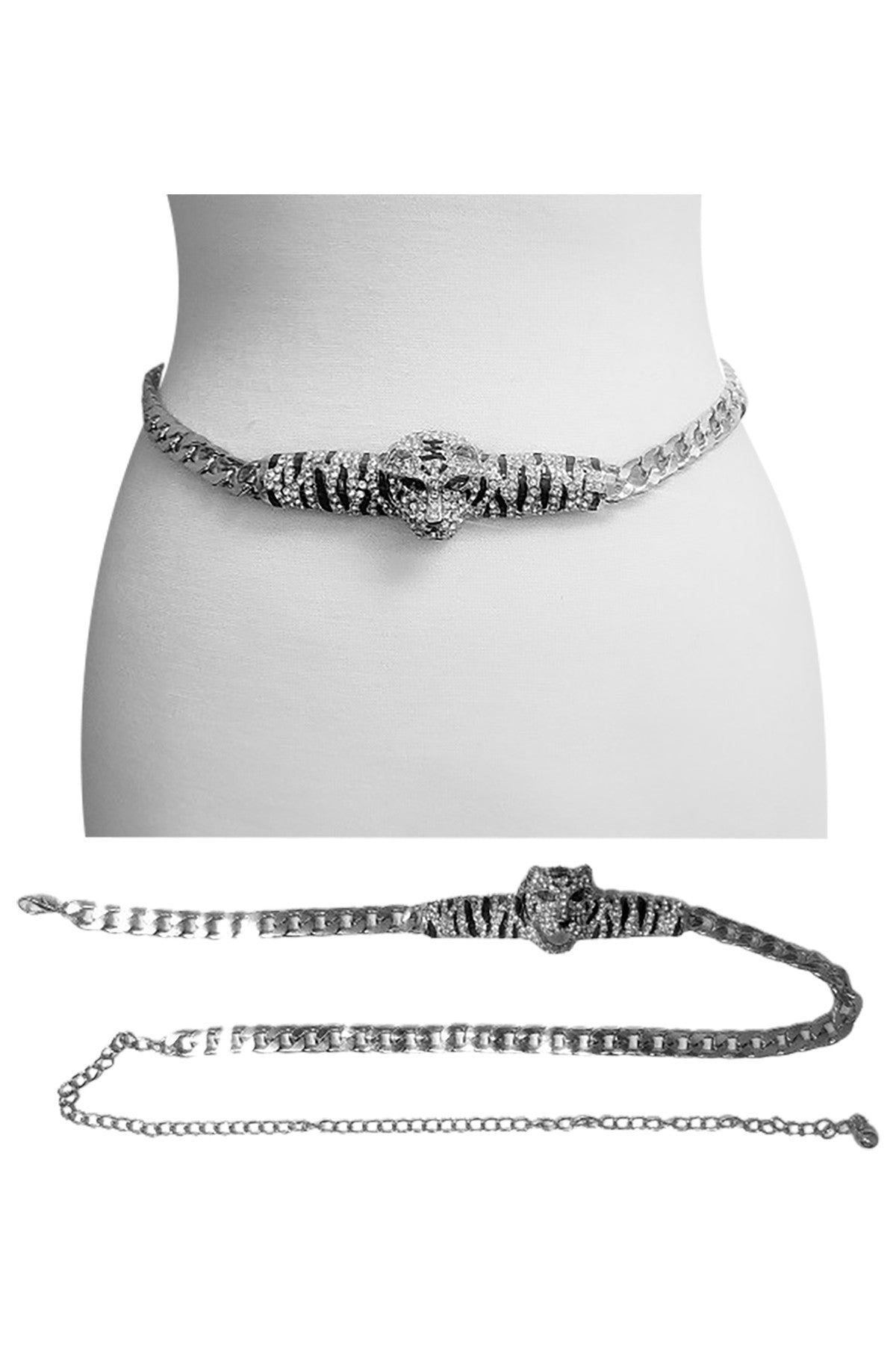 Full Stone Tiger Chain Belt featuring a detailed tiger buckle and adjustable lobster claw clasp.