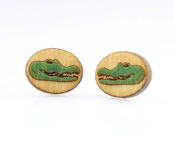 A pair of Gator Stud Earrings #3075 made from sustainably sourced wood, featuring a charming gator design, lightweight and eco-friendly.