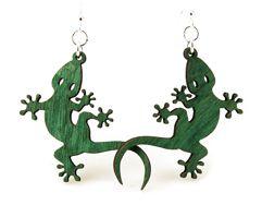 A pair of beautifully crafted Gecko Earrings made from sustainably sourced wood, featuring intricate laser-cut designs and silver-finished hypoallergenic ear wires.