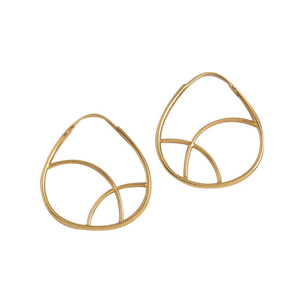 A pair of elegant geometric gold hoop earrings made from sterling silver and plated with 24K gold, showcasing a unique minimalist design.