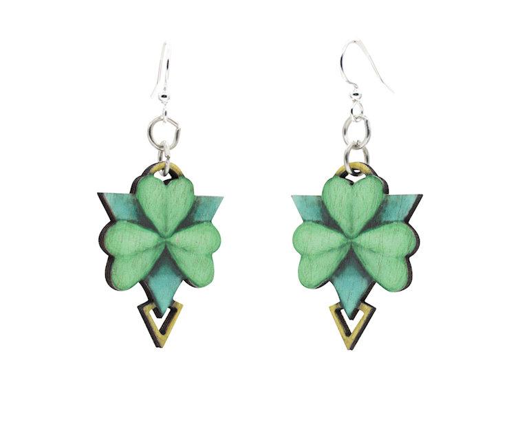 Geometric Shamrock Earrings made from lightweight laser-cut wood with silver-finished stainless steel ear wires, showcasing a unique design.