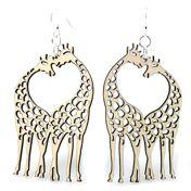 A pair of Giraffe Heart Earrings made from sustainably sourced wood, featuring a unique heart shape with a giraffe design, showcasing their natural wood finish.