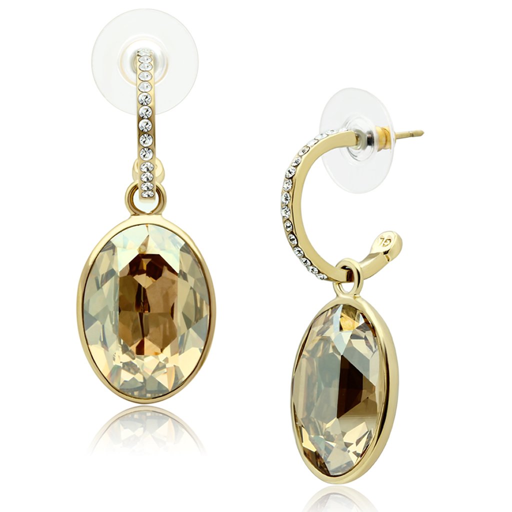 GL257 IP Gold Brass Earrings featuring champagne crystals, elegantly designed for stylish wear.