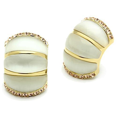 GL339 IP Gold Brass Earrings featuring white synthetic Cat Eye stones, elegantly designed for stylish wear.