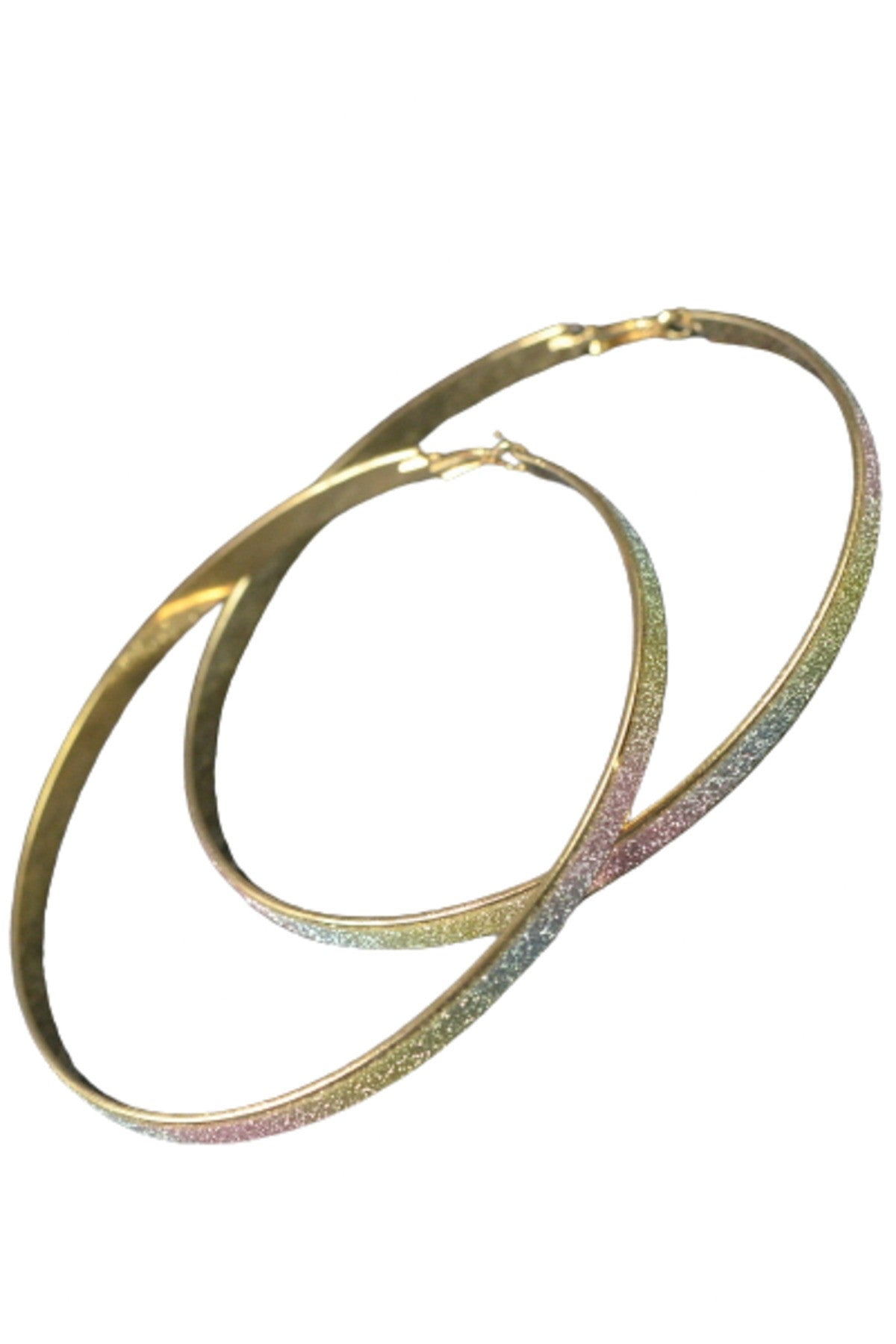 Large glittered hoop earrings with a double plated finish and lever back closure, showcasing a sparkling design.