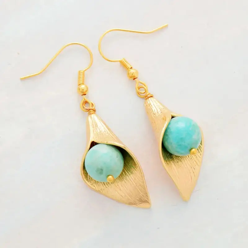 Elegant Gold Flower Amazonite Earrings featuring calming semi-precious stones in a bohemian design.