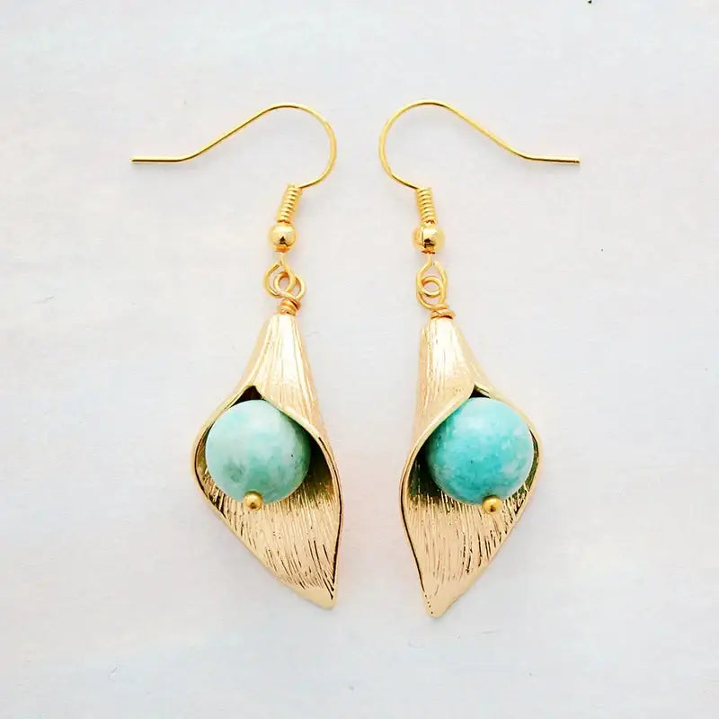 Elegant Gold Flower Amazonite Earrings featuring calming semi-precious stones in a bohemian design.