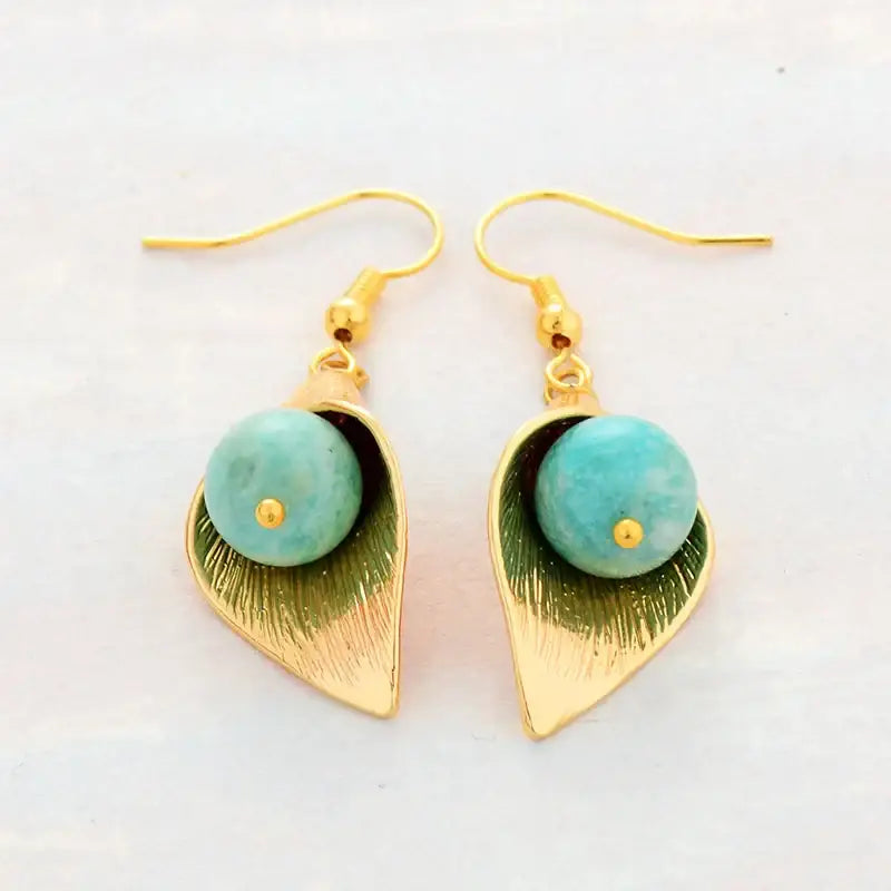 Elegant Gold Flower Amazonite Earrings featuring calming semi-precious stones in a bohemian design.