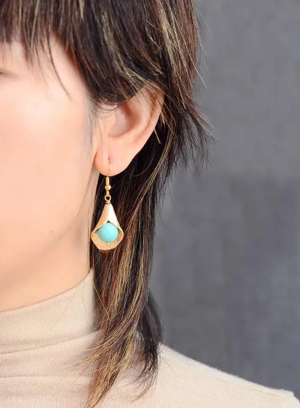 Elegant Gold Flower Amazonite Earrings featuring calming semi-precious stones in a bohemian design.