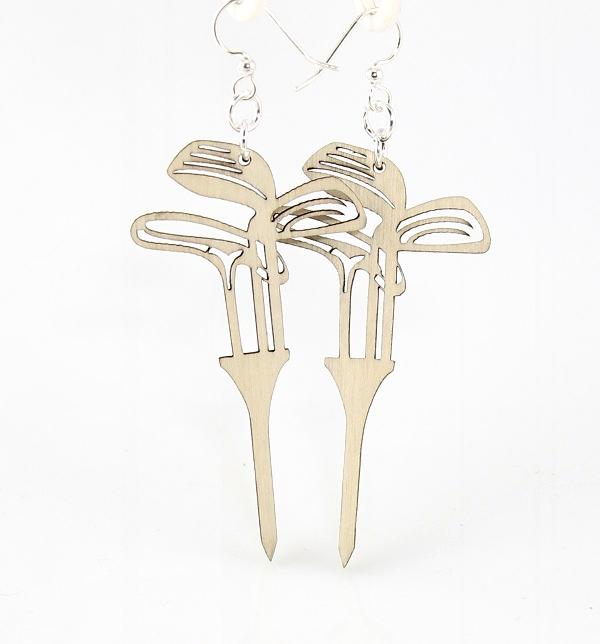 Golf Set On Tees Earrings featuring laser-cut wood design, eco-friendly materials, and hypoallergenic silver-finished ear wires.