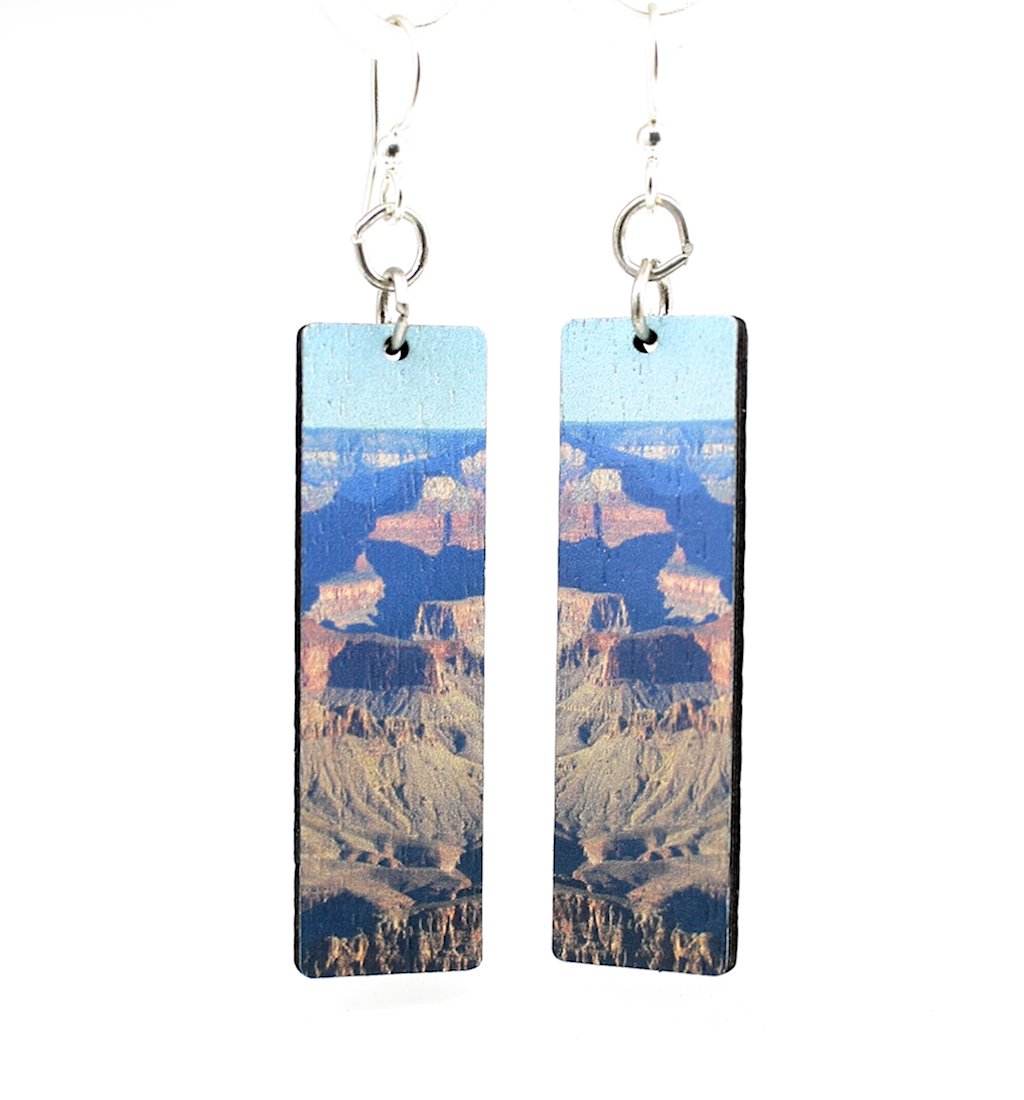 Grand Canyon Wood Earrings featuring intricate laser-cut designs made from sustainably sourced wood, with silver-finished stainless steel ear wires.