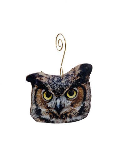 Great Horned Owl Ornament #9963 made from eco-friendly birch wood or recycled paper, featuring a detailed owl design.