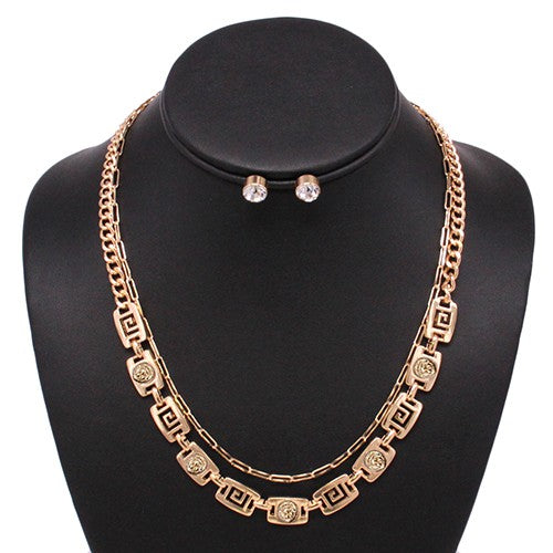 A stylish Greek Pattern 2 Layered Necklace Set featuring intricate designs and an adjustable clasp.