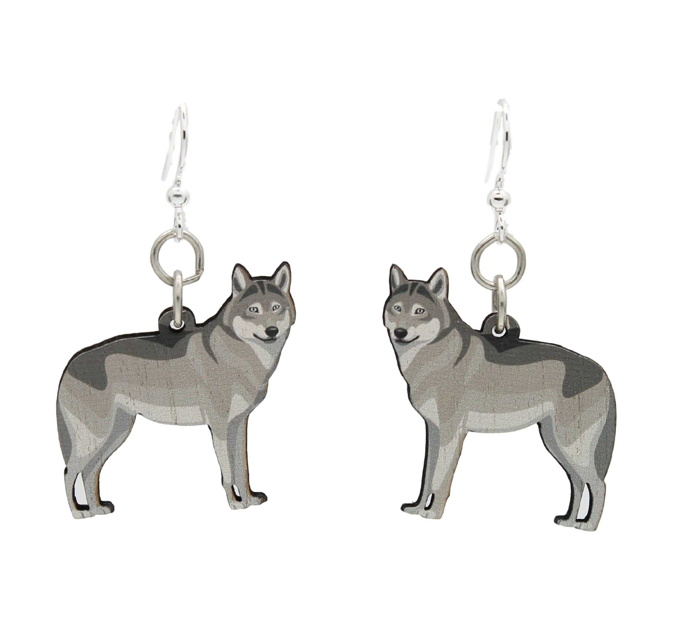 Grey Wolf Earrings #1620 made from sustainably sourced wood with silver-finished stainless steel ear wires, featuring a unique design and natural wood back.