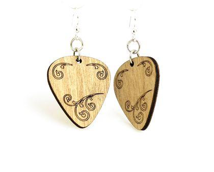 Stylish tan guitar pick earrings made from sustainably sourced wood with stainless steel ear wires.