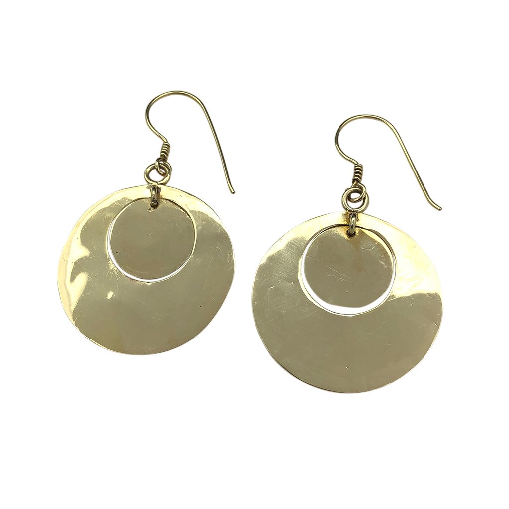 A pair of Hammered Circle Bombshell Earrings made from recycled brass, showcasing a unique hammered design with a polished finish.