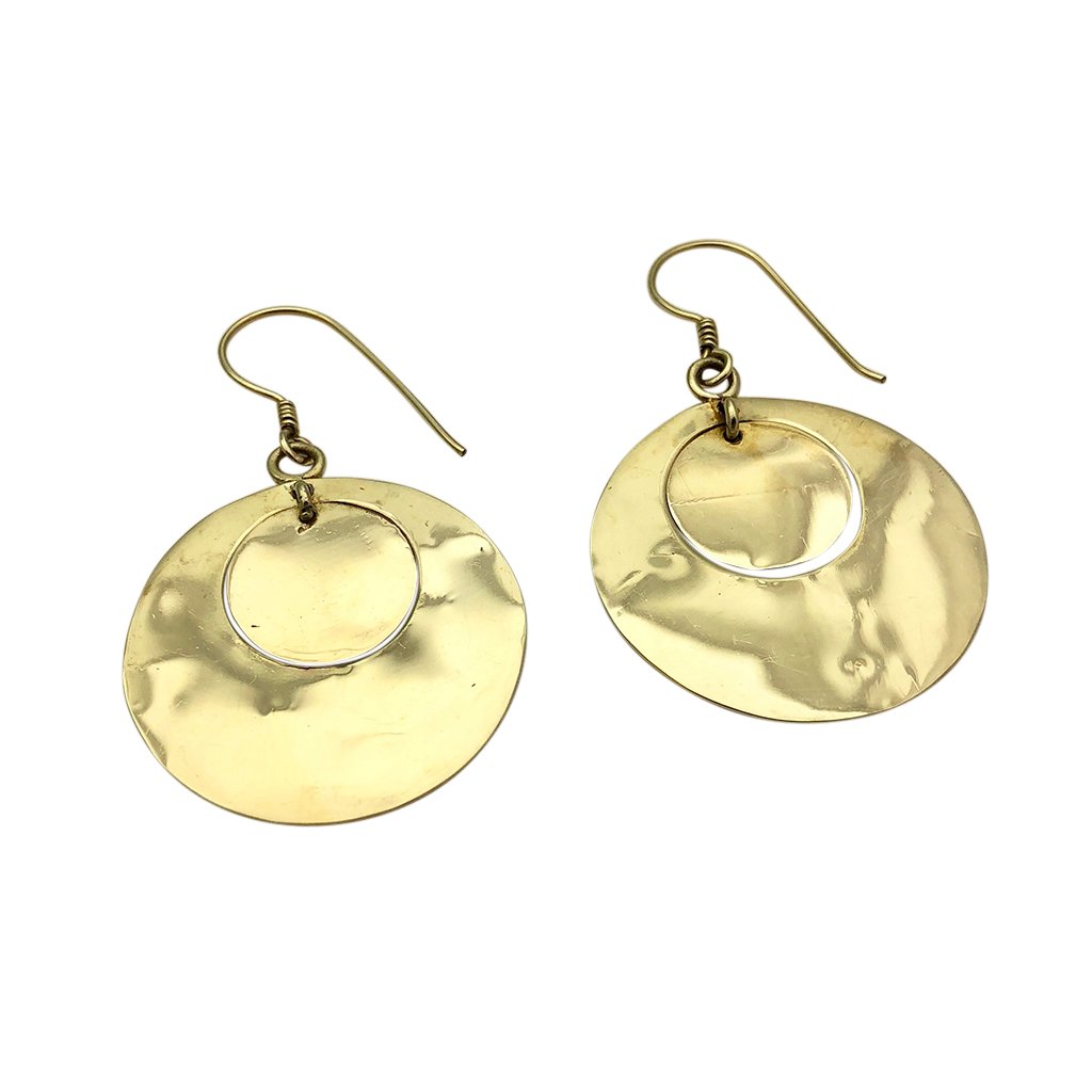 A pair of Hammered Circle Bombshell Earrings made from recycled brass, showcasing a unique hammered design with a polished finish.