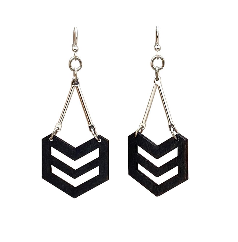 A pair of stylish Hanging Chevron Earrings made from sustainably sourced wood, featuring a modern chevron design and hypoallergenic stainless steel ear wires.