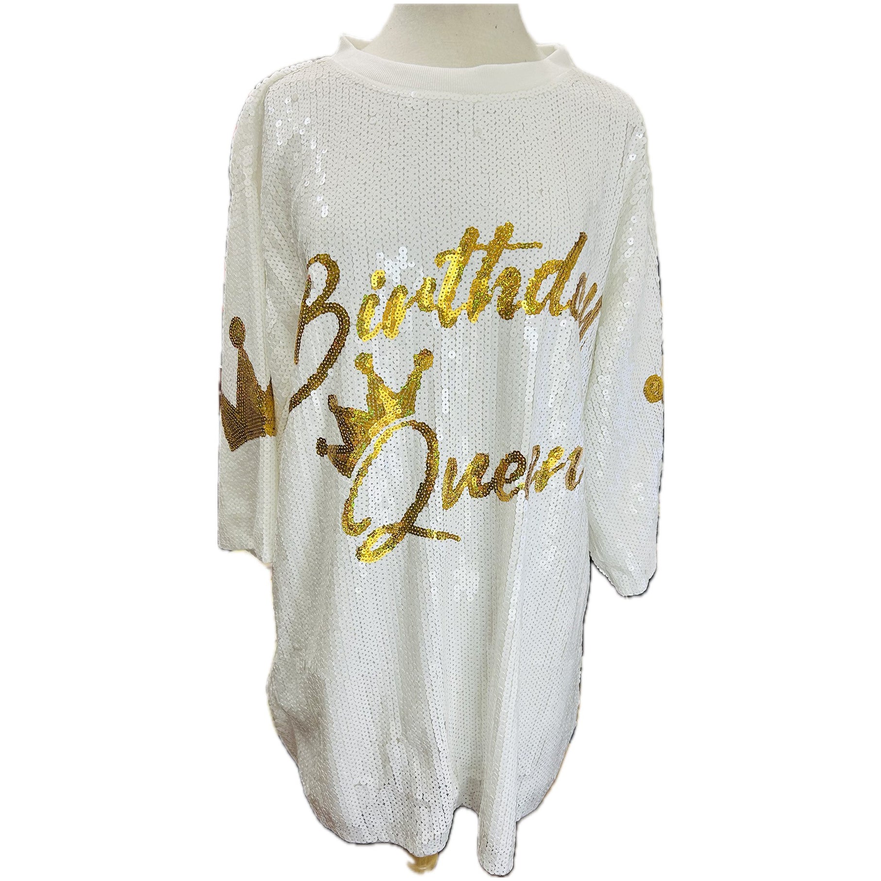 Happy Birthday Queen Sequins Short Sleeve Dress featuring sparkling sequins and short sleeves, perfect for birthday celebrations.