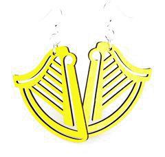 A pair of vibrant Lemon Yellow Harp Earrings made from sustainably sourced wood, featuring silver-finished stainless steel ear wires.