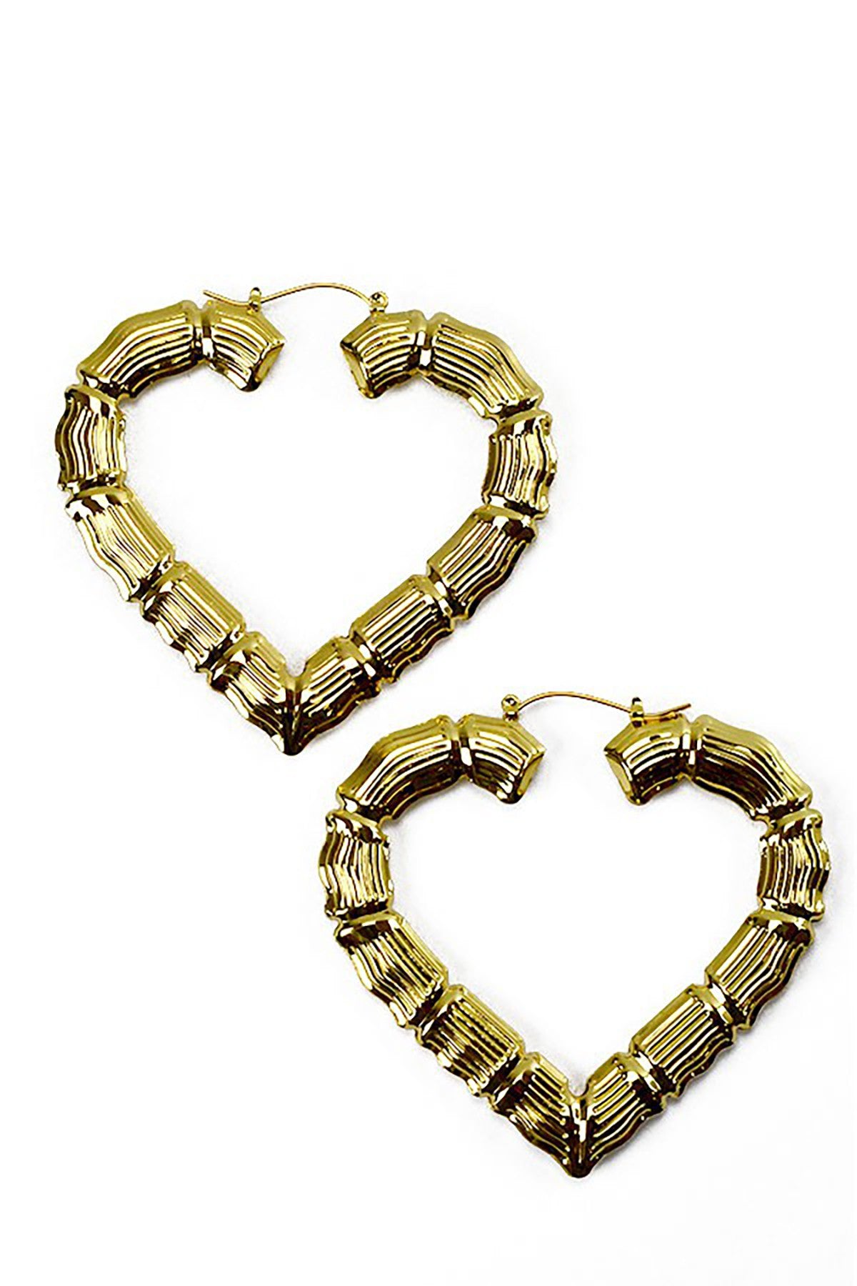 A pair of stylish heart-shaped earrings made from eco-friendly bamboo, featuring a latch back closure.