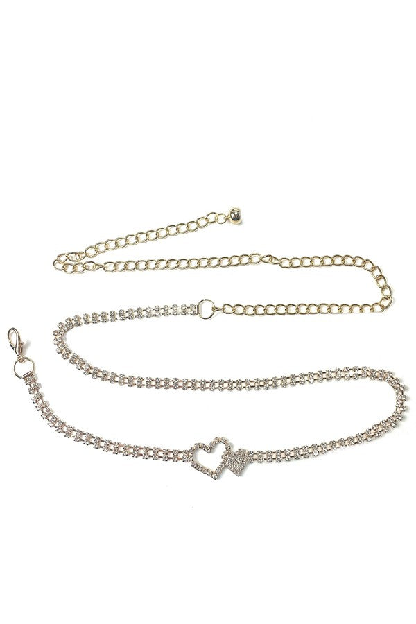 A stylish Heart Crystal Chain Belt featuring a sparkling heart design and a lobster claw clasp, perfect for enhancing any outfit.