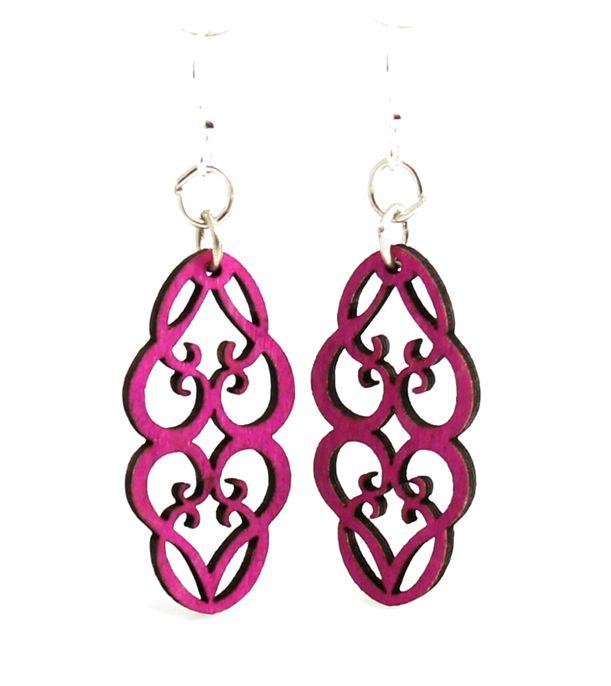 Heart in Vines Blossoms #124 earrings in vibrant Fuschia color, made from sustainably sourced wood with silver-finished stainless steel ear wires.