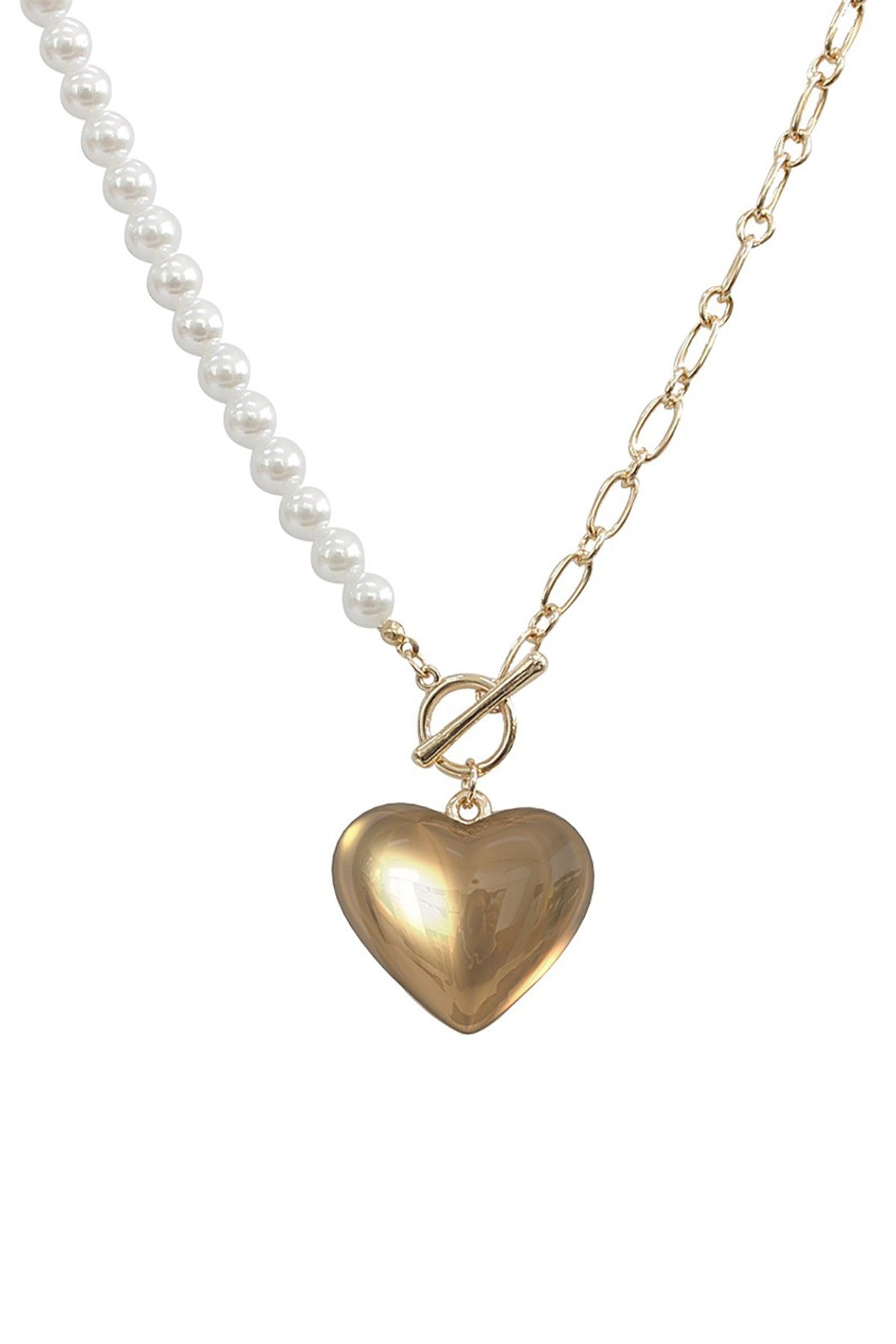 Heart Pearl Toggle Necklace featuring a heart-shaped pendant and elegant design, perfect for any occasion.