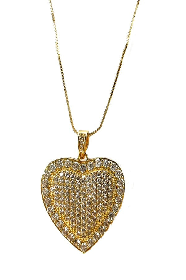 A beautiful heart pendant necklace featuring cubic zirconia stones, double plated finish, and a lobster claw clasp with extender.