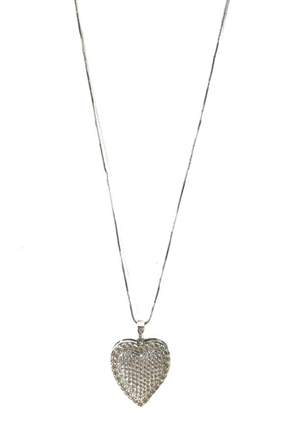 A beautiful heart pendant necklace featuring cubic zirconia stones, double plated finish, and a lobster claw clasp with extender.