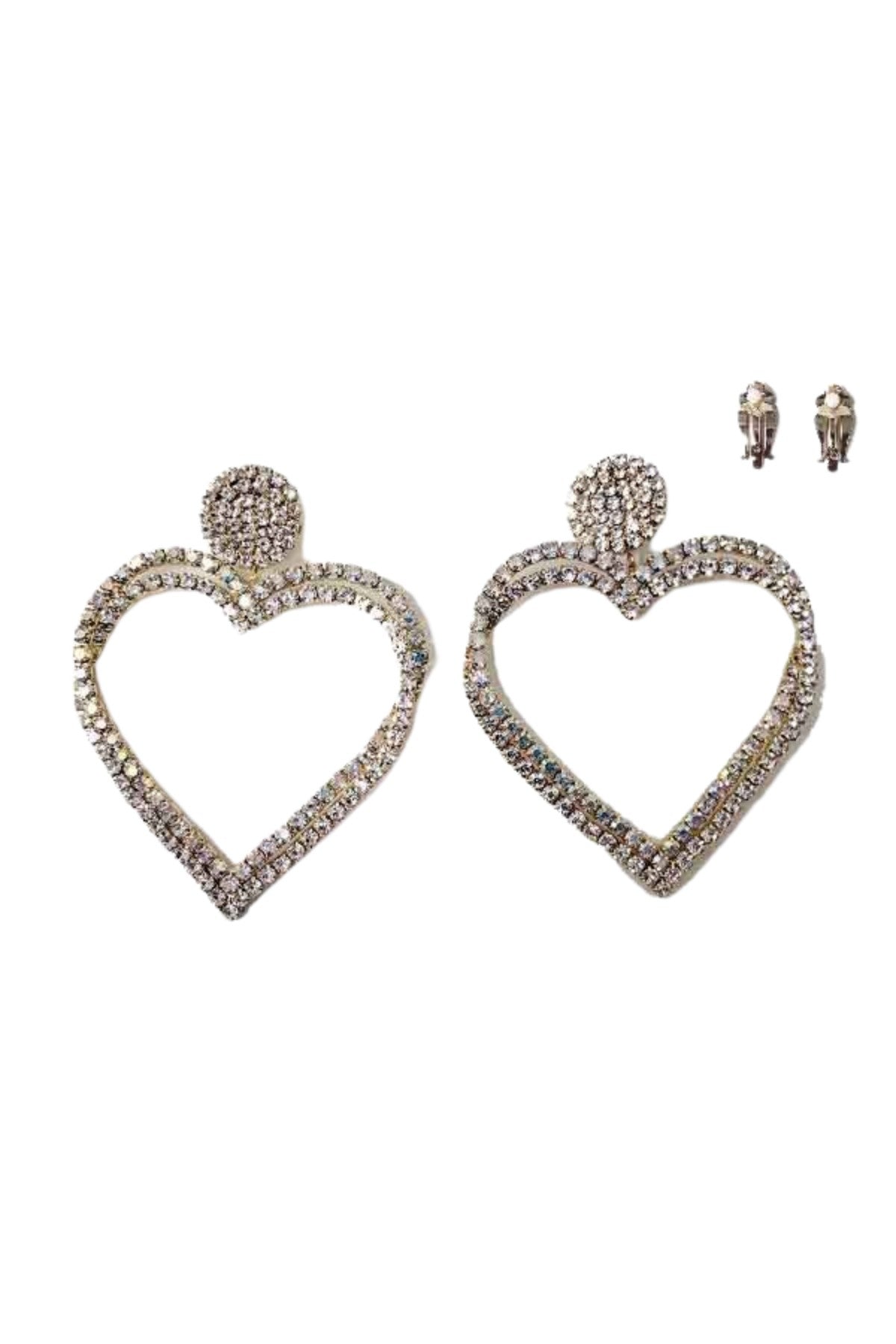 Elegant heart stone clip-on earrings with a 3.5 inch drop, designed for comfort and style.