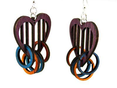 Heart with Rings Earrings made from sustainably sourced wood, featuring silver-finished hypoallergenic ear wires.