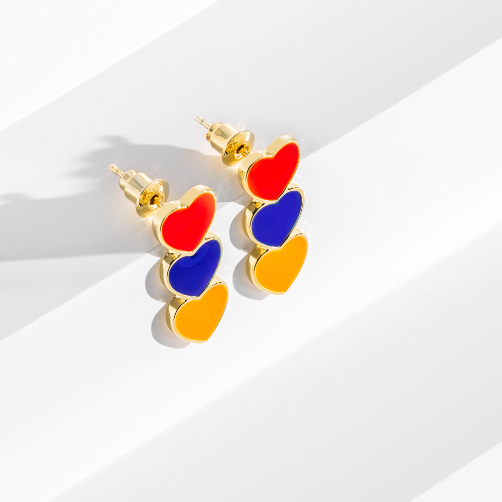 Elegant 18K gold plated toggle earrings featuring three colorful enamel hearts representing the Armenian flag.