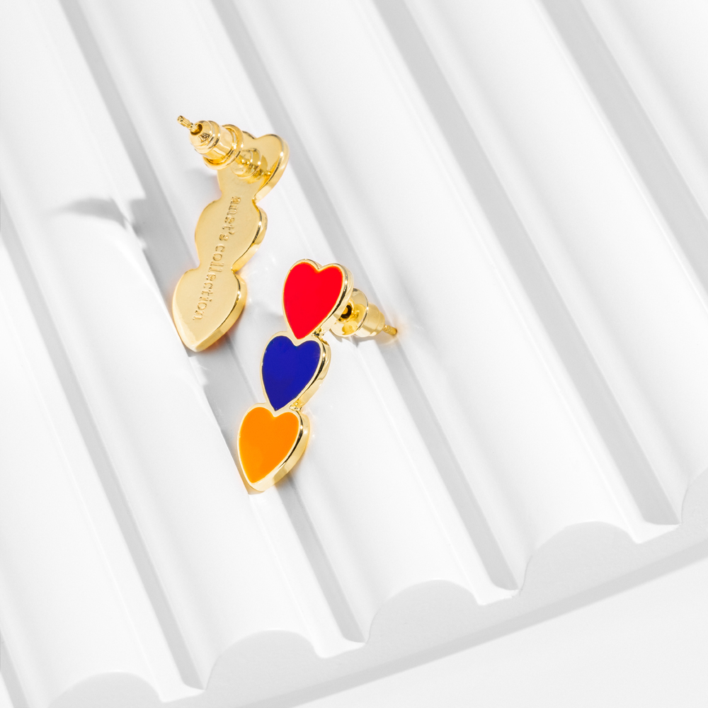 Elegant 18K gold plated toggle earrings featuring three colorful enamel hearts representing the Armenian flag.