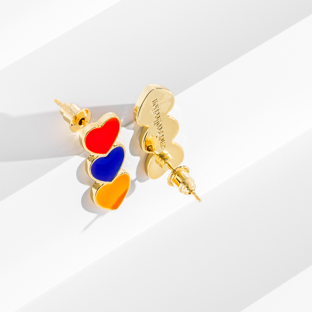 Elegant 18K gold plated toggle earrings featuring three colorful enamel hearts representing the Armenian flag.