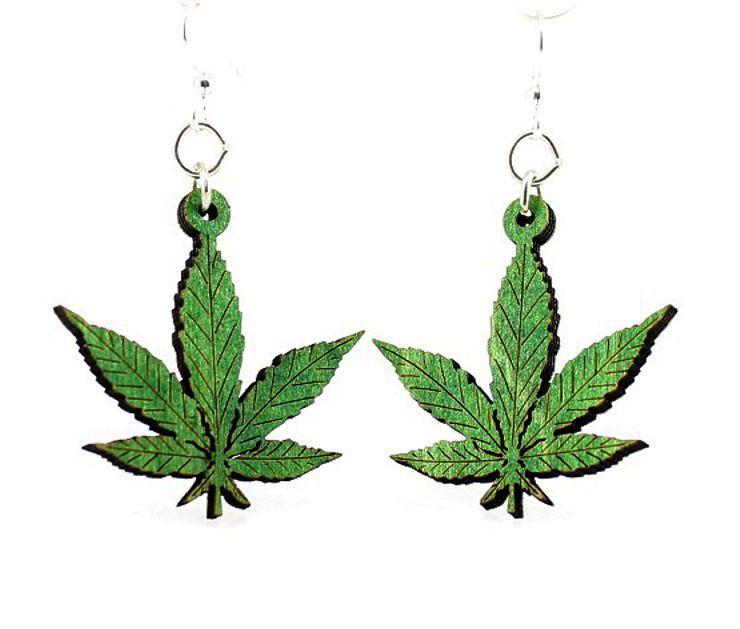 Hemp Leaves Earrings #1223 in vibrant Kelly Green, made from sustainably sourced wood with hypoallergenic stainless steel ear wires.