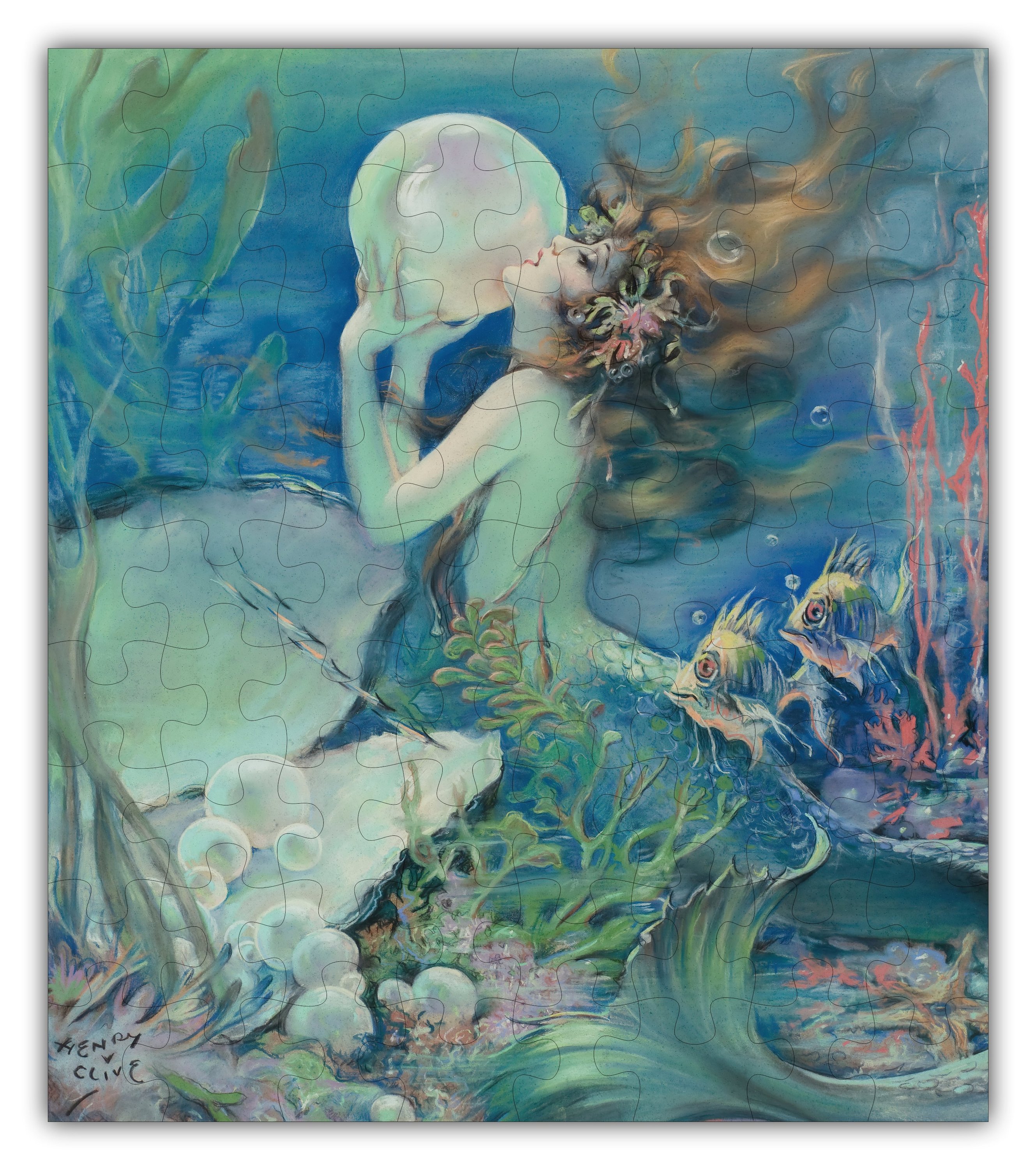 Henry O'Hara Clive: The Mermaid Puzzle featuring 72 intricately designed pieces in a cardboard box with a burlap bag.