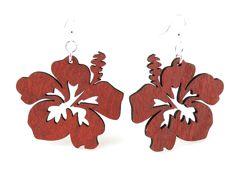 Hibiscus Earrings #1085 in Cherry Red, made from sustainably sourced wood with stainless steel ear wires.