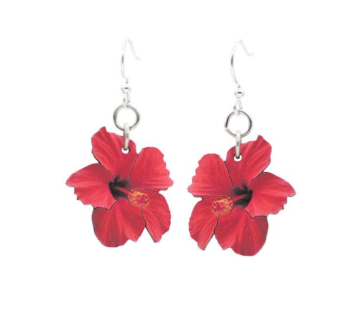 Hibiscus Flower Blossoms #192 earrings made from sustainably sourced wood with silver-finished stainless steel ear wires.