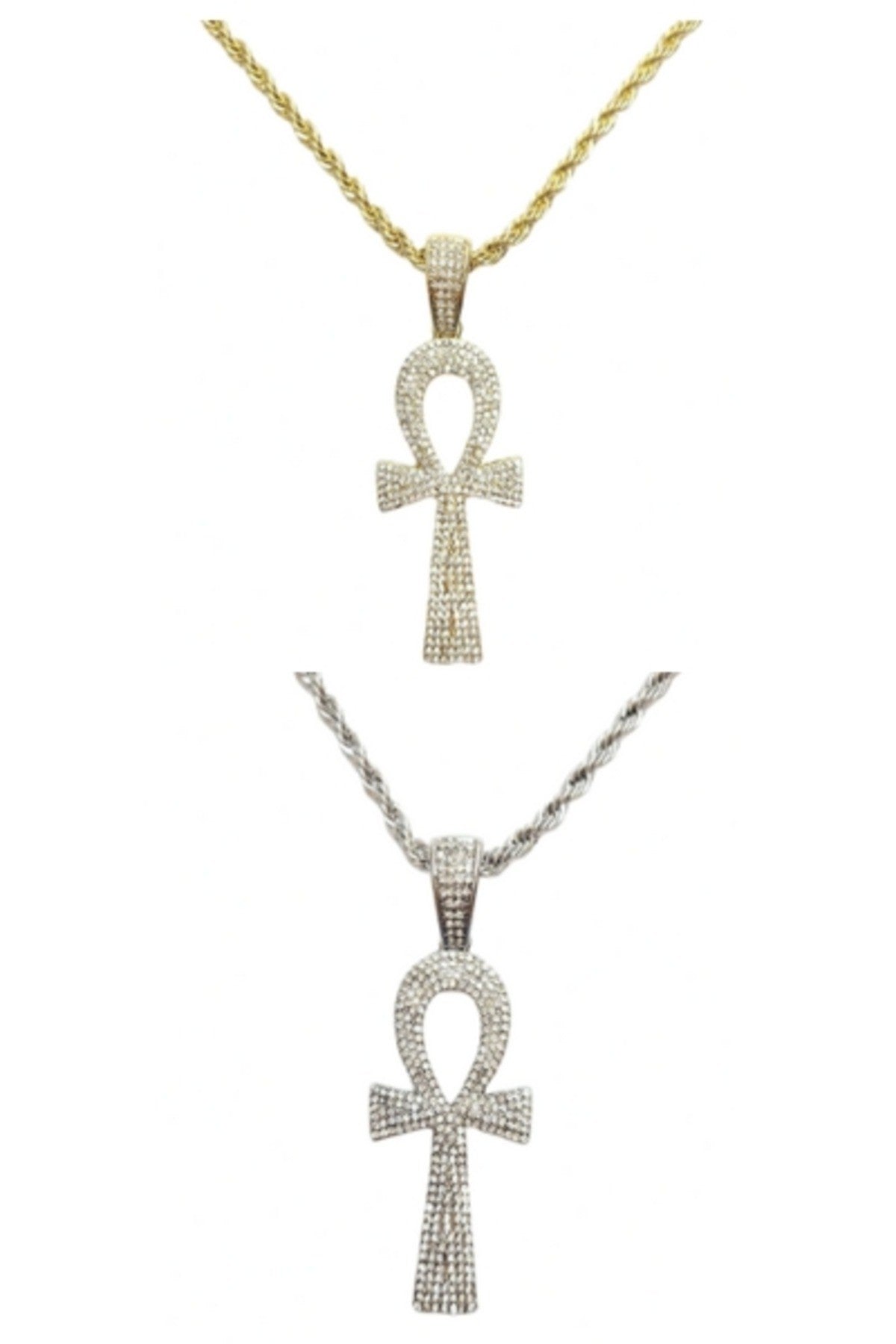 Hip Hop Iced Out Ankh Cross Pendant Chain with 24-inch rope chain, featuring a sparkling ankh cross design.