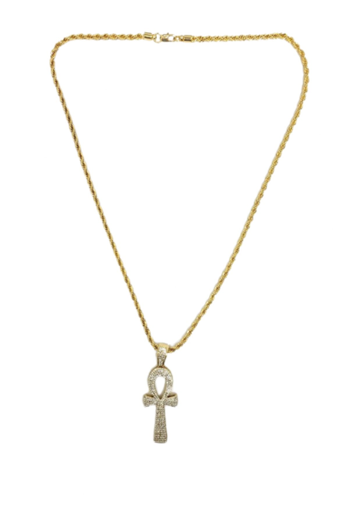 Hip Hop Iced Out Ankh Cross Pendant Chain with 24-inch rope chain, featuring a sparkling ankh cross design.