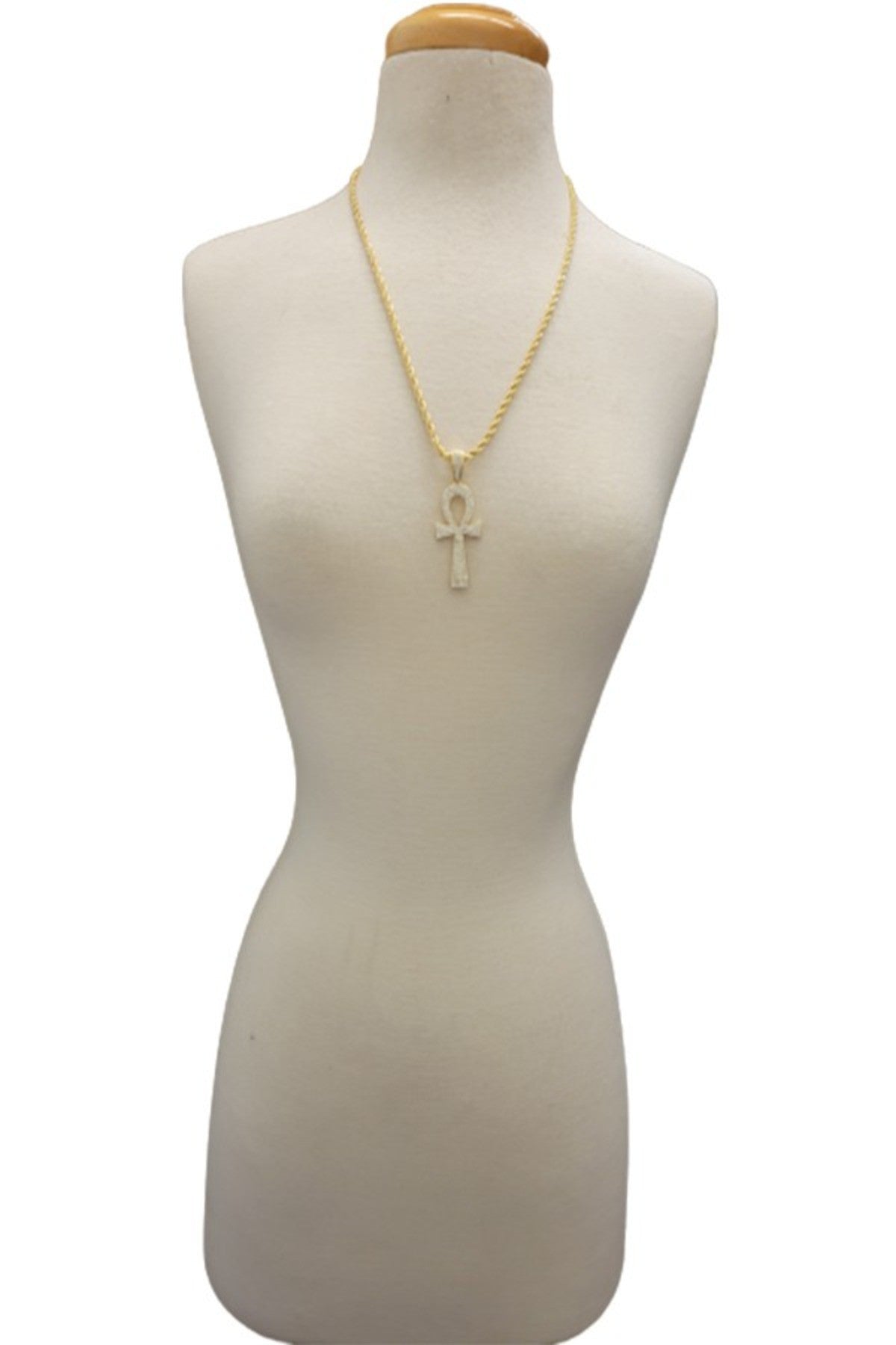 Hip Hop Iced Out Ankh Cross Pendant Chain with 24-inch rope chain, featuring a sparkling ankh cross design.