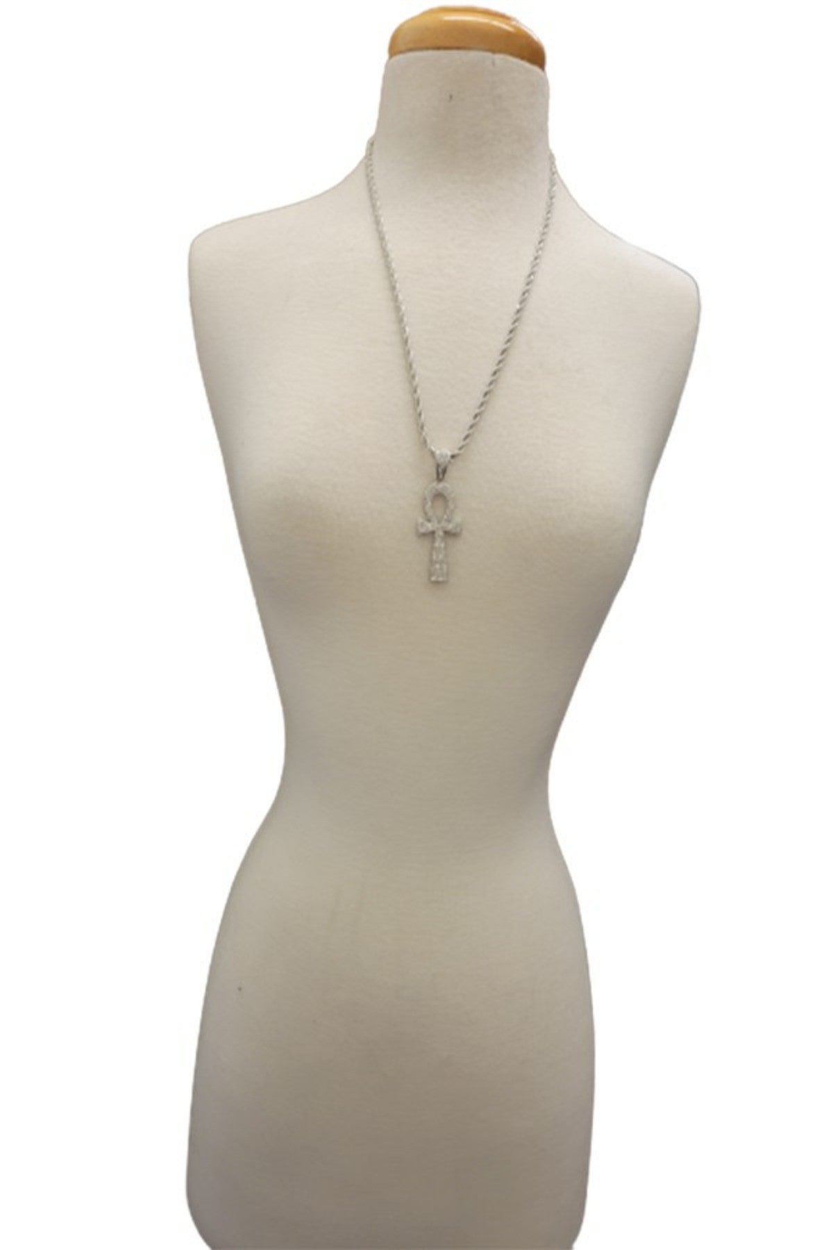 Hip Hop Iced Out Ankh Cross Pendant Chain with 24-inch rope chain, featuring a sparkling ankh cross design.